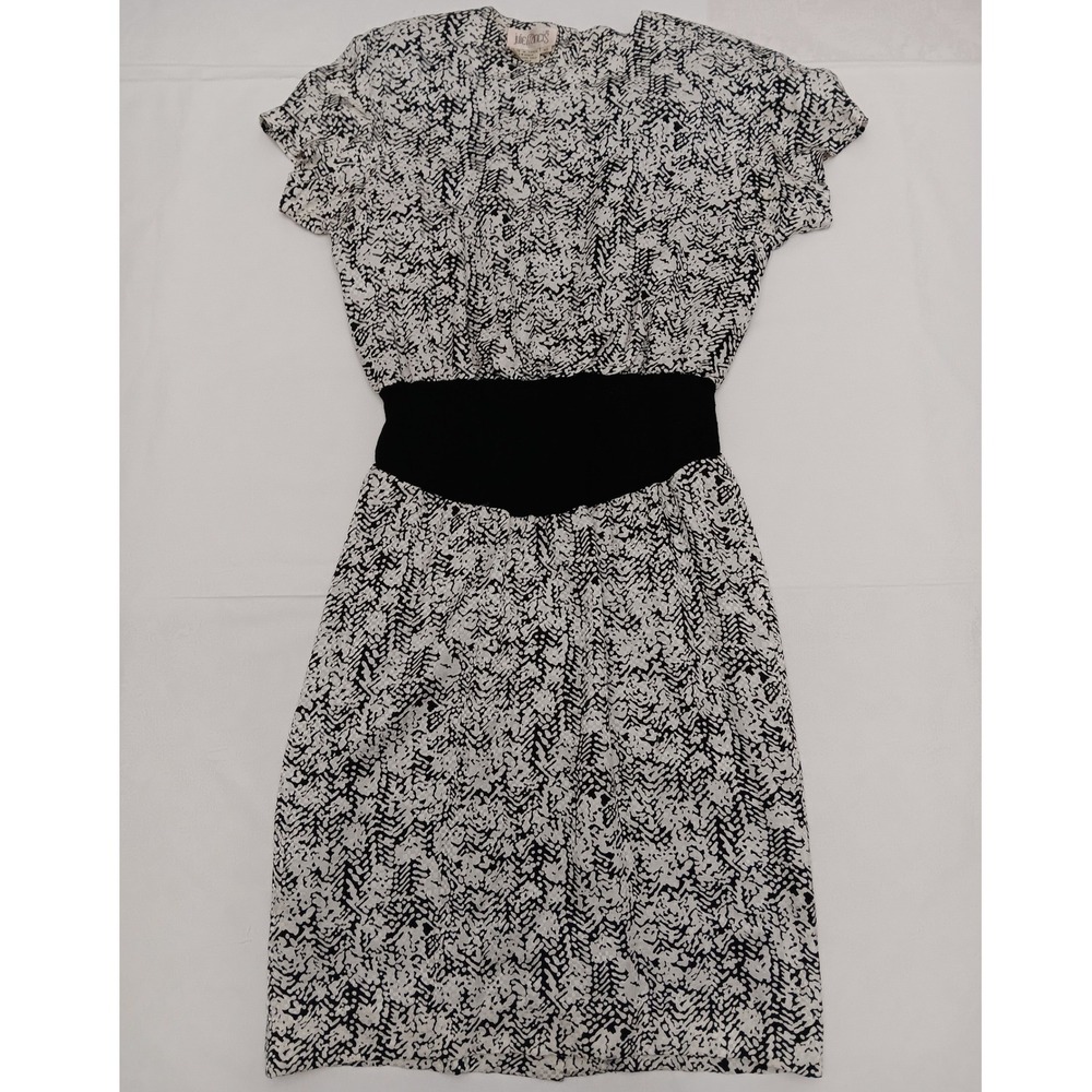 Julie Francis Vintage 100% Silk Dress Black White Abstract Print Size 10 Women's